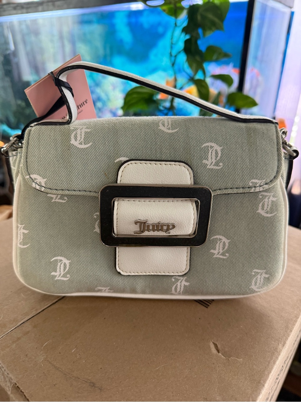 Juicy Couture Mint Logo-Print Mini Top-Handle Bag with White Trim